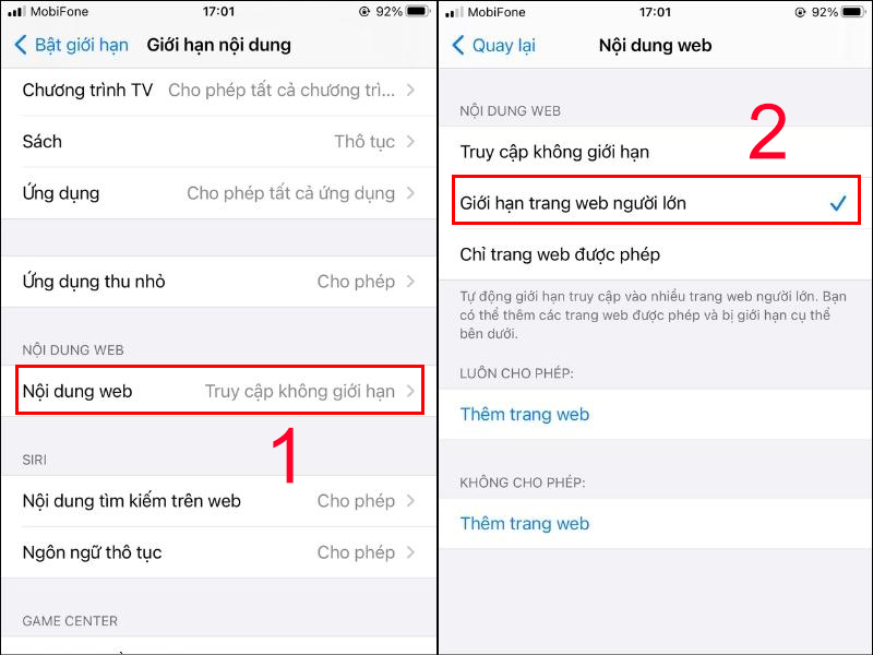 Tìm chọn Nội dung web và chọn Giới hạn trang web người lớn